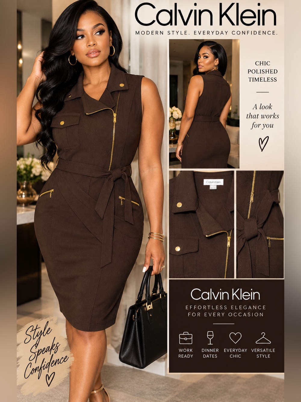 Calvin Klein Sleeveless Brown Zip-Front Belted Sheath Dress size 10 NWT